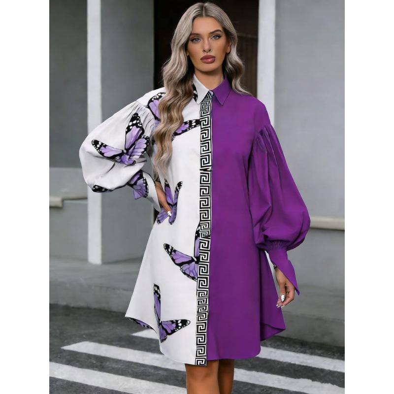 Spring new women's clothing lantern sleeves letter printing personalized splicing temperament versatile loose and thin shirt dress