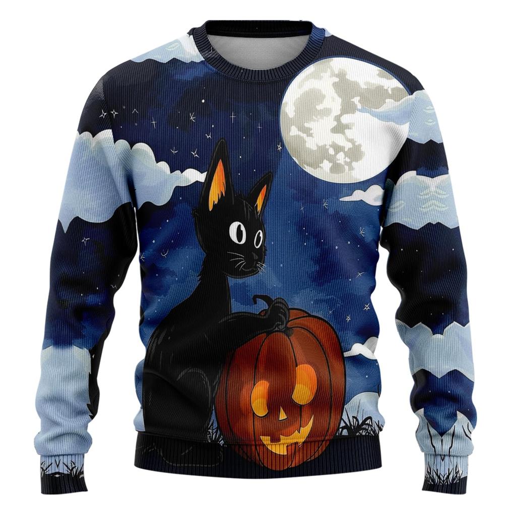 Men's Halloween Sweatshirt 3D Ghost Printed Pullover Hoodie Men Women Set Harajuku Fashion Skull Ugly Christmas Sweater Cat Tops
