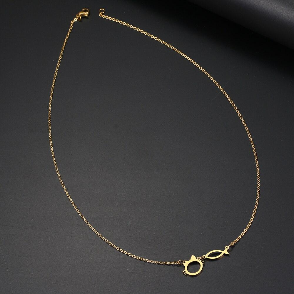 Stainless Steel Necklaces Cute Cat And Fish Pendant Chain Choker Charm Fashion Necklace For Women Jewelry Party Birthday Gifts