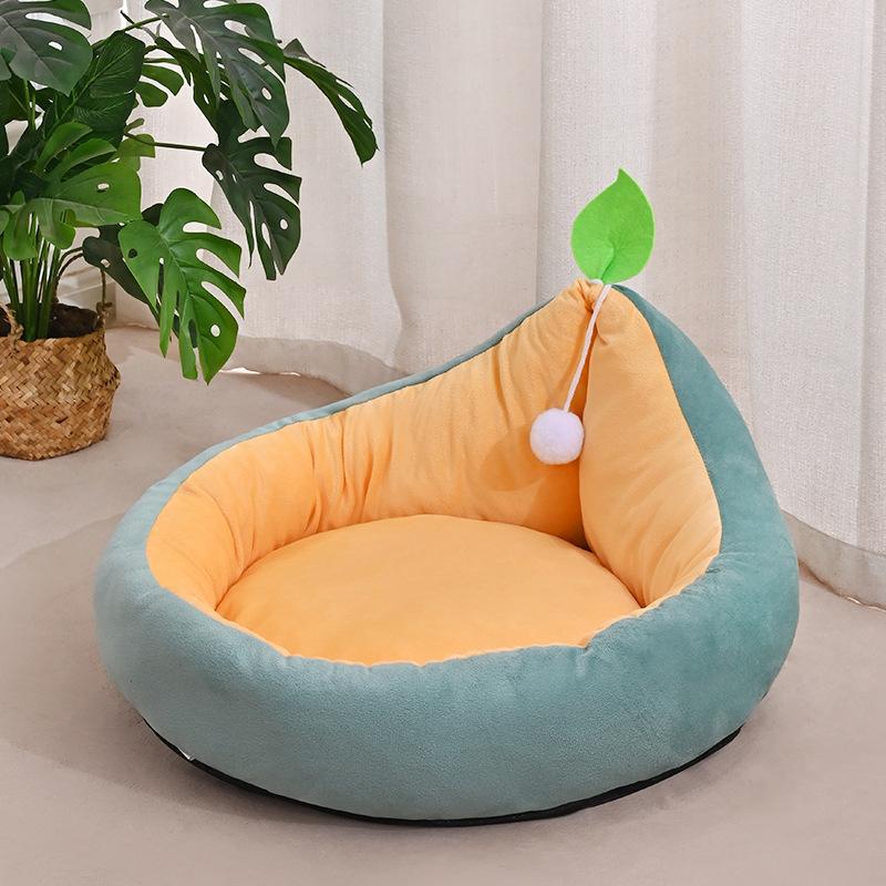 Semi Enclosed Cat Bed All Season Universal Warm Pet Sofa Beds Avocado Shaped Dog House with Furry Balls Full Filling and High Rebound Pet Supplies