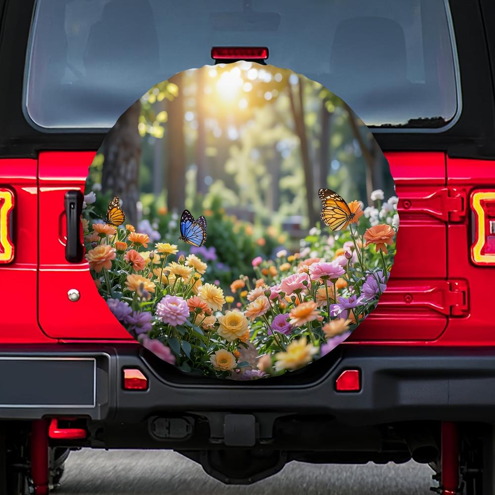 1pc Tire Cover With Butterfly & Floral Field Design - Vibrant 2D Flat Print, Durable Fabric, Fit For Cars, SUVs, Trucks - Scratc