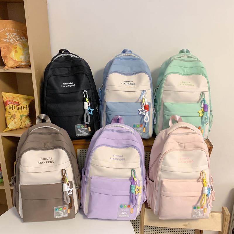 Студенческая школьная сумка большой емкости, женский рюкзак, однотонная лоскутная дорожная сумка