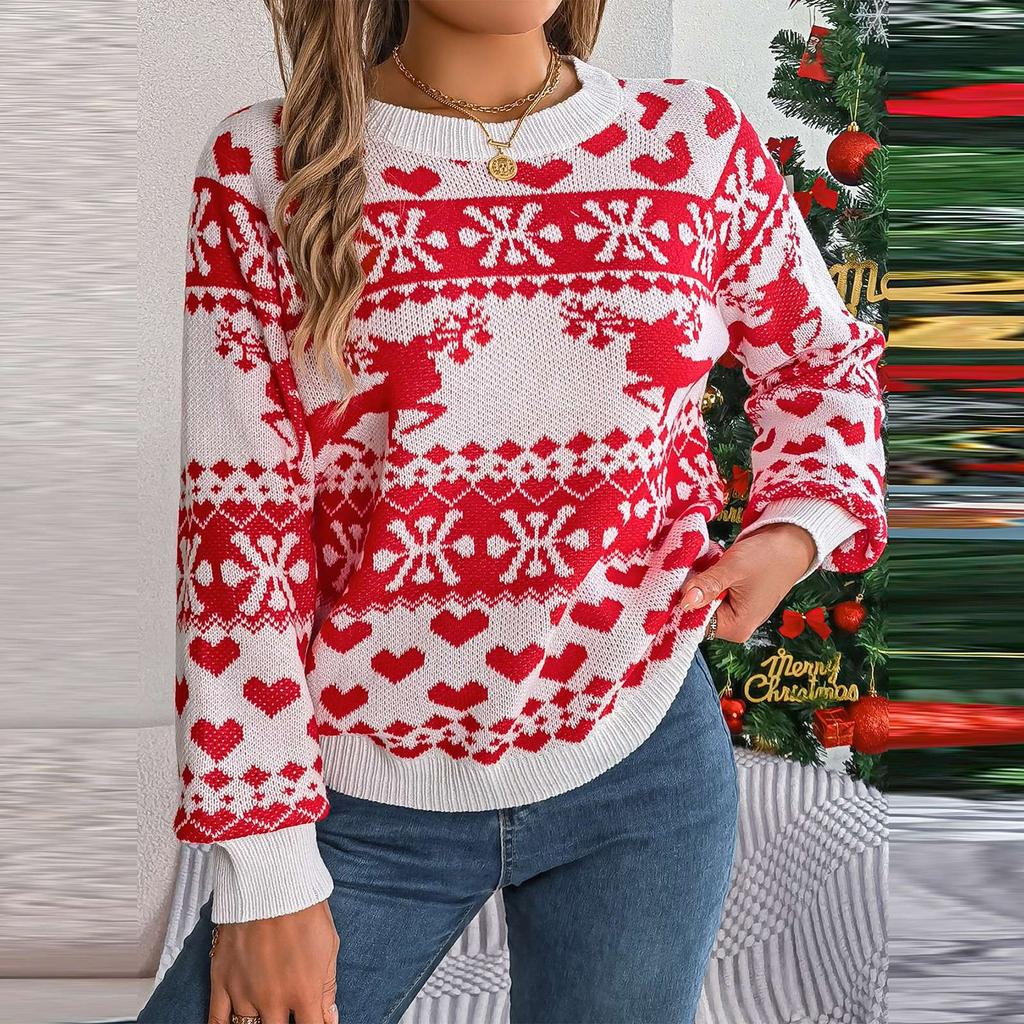 Women's Fashion Casual Loose Christmas Deer Pattern Contrast Color Sweater Long Sleeve Pullover Top