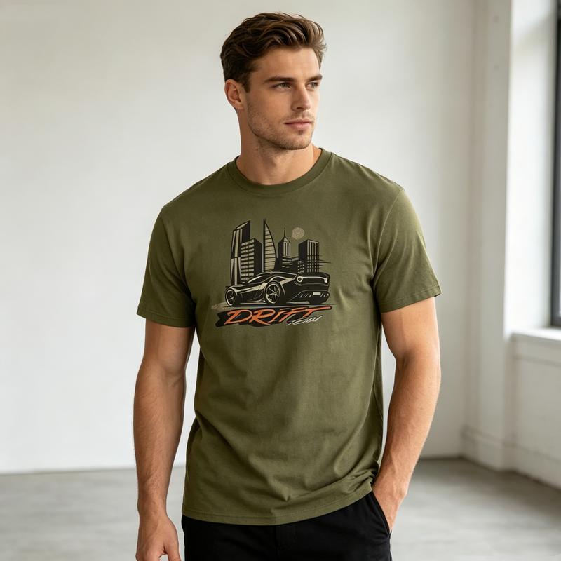 Drift Car Graphic T Shirt Urban City Skyline Print Unisex Soft Cotton Crew Neck Short Sleeve Trendy Casual Tops