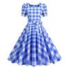 Женское винтажное клетчатое платье с принтом, платье миди с квадратным воротником и короткими рукавами, платье трапециевидной формы с бантом и высокой талией