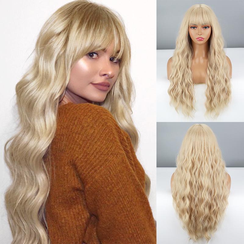 MISS WIG Женский модный светло-русый длинный волнистый парик с челкой из синтетического волокна, натуральный волнистый повседневный парик, косплей, вечерние волнистый парик