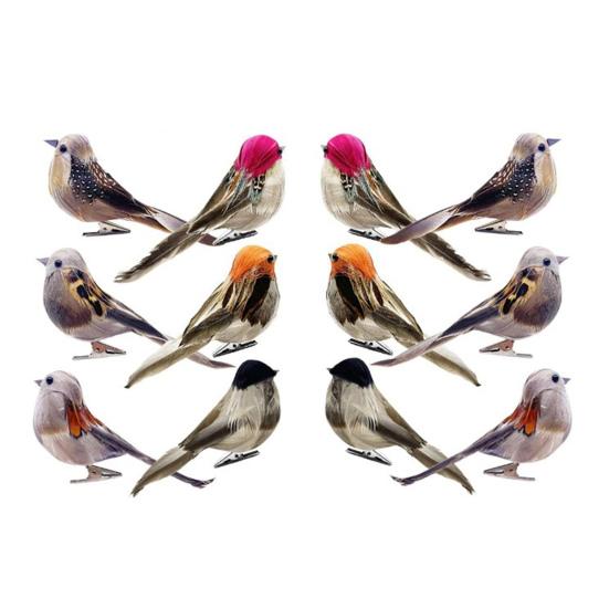 12Pcs Simulation Bird Realistic Vivid Appearance 6 Different Colors Spring Artificial Sparrow Feather Bird with Fixing Clip Home Decor