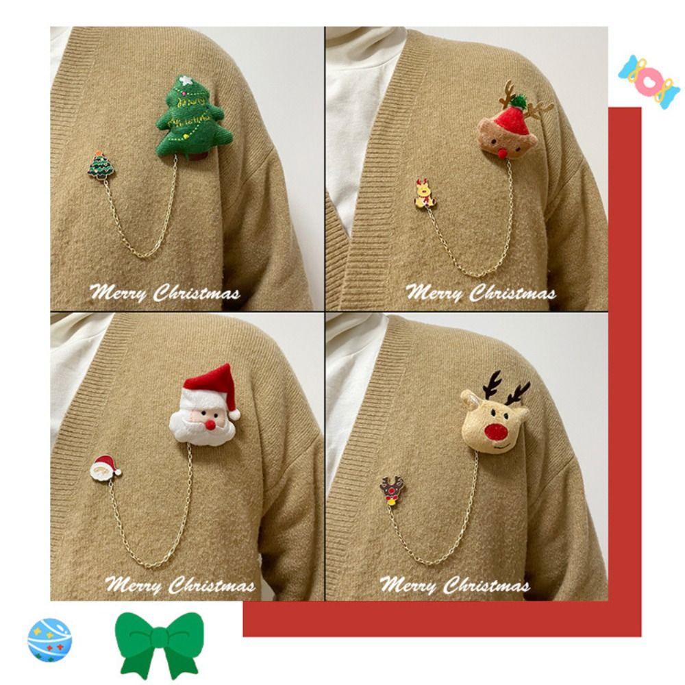 Snowman Elk Christmas Brooch Santa Claus Clothes Badge Pins Fashion Plush Chain Brooch Xmas Gifts