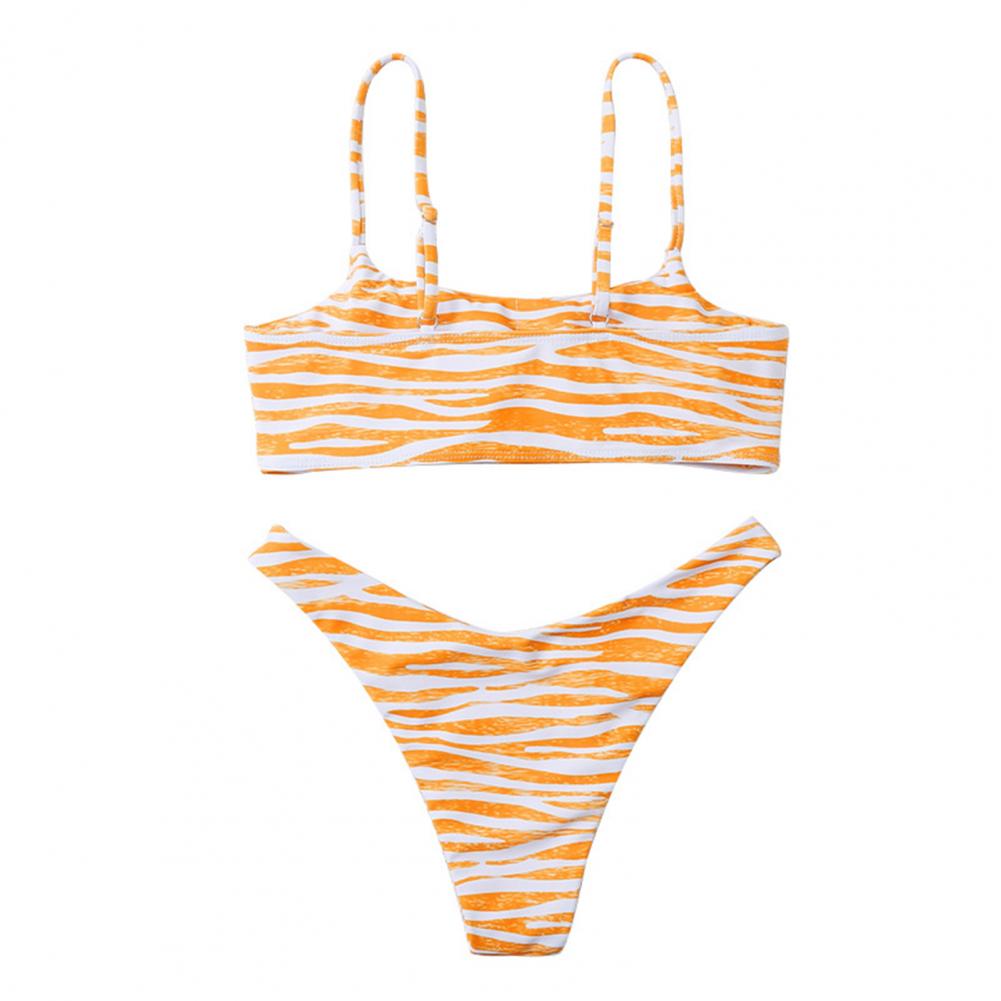 2 Pcs/Set Bikini Set Zebra Stripe Print Contrast Color Spaghetti Strap Adjustable Women Swimwear for Swimming