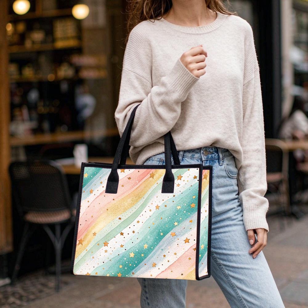 Women Rainbow Star Print Tote Casual Large Capacity Handbag for Daily Shopping Travel