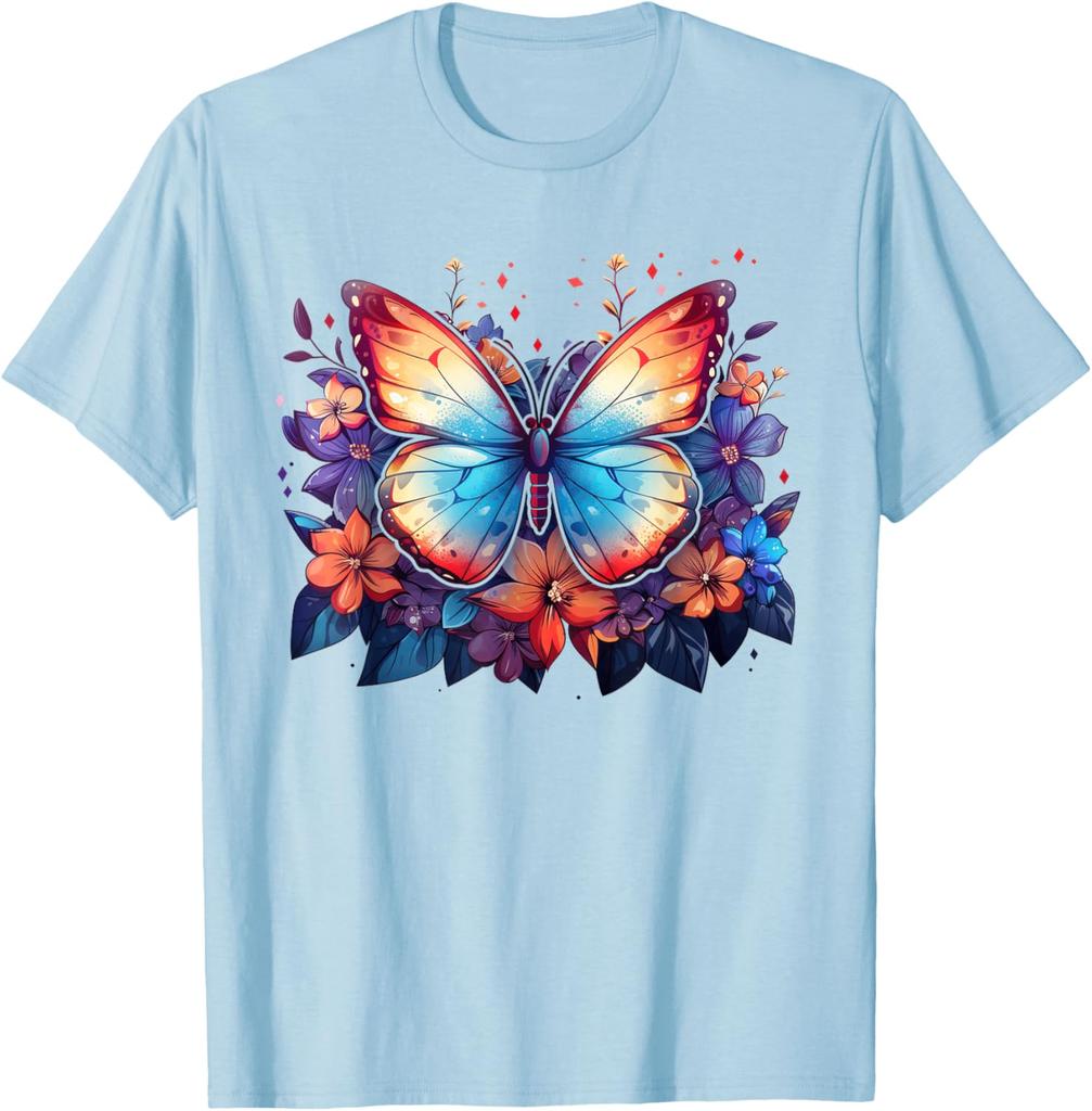 Colorful Butterfly Flowers Graphic Tee Men's Casual Short Sleeve Breathable T-Shirt