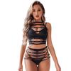 New Two Piece Striped Fishnet Lingerie Set Women's Sling Neck Backless Sexy Transparent Nightclub Catsuit Teddies Lingerie Bra and Thong Underwear Set