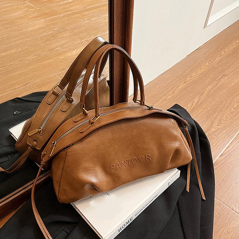 Осень Зима Женская Сумка Большая Вместимость Сумка Боулинг Повседневная Сумка Через Плечо Винтажный Стиль Коричневая Кожаная Сумка CLE