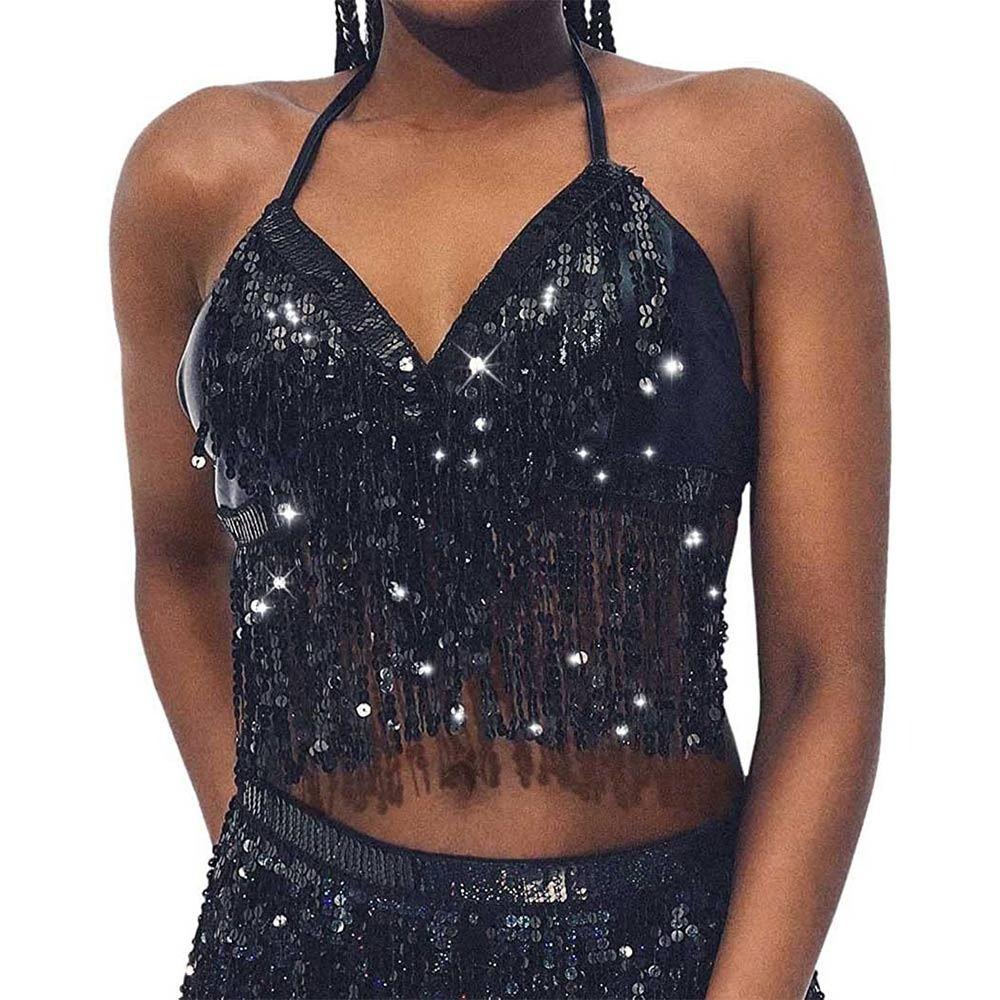 Shiny Performance Top Tassel Halter Bra Charming Dance Wear Festivals