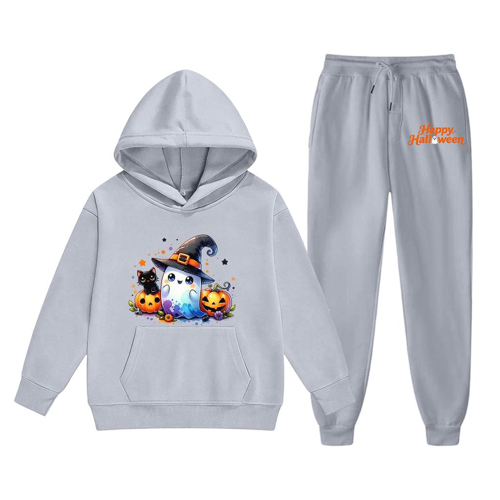 Kids Halloween Hoodie Set Ghost Pumpkin Print Long Sleeve Pullover Sweatshirt with Hood and Matching Pants Comfortable Fit for Boys and Girls