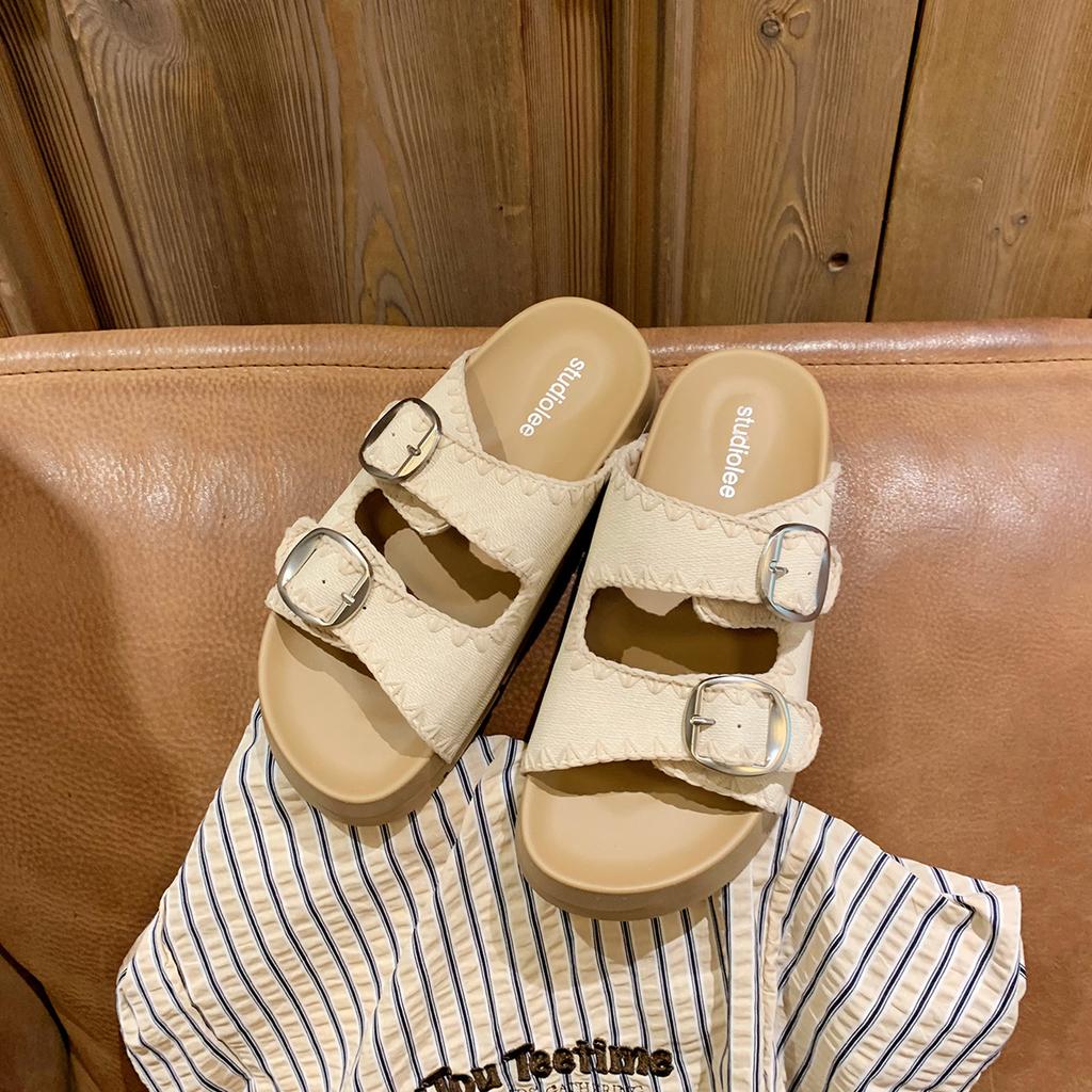 Grape mother, the same style, covering the meat and showing thinness, embroidered double belt buckle, one-word slippers, round head, versatile, lazy,