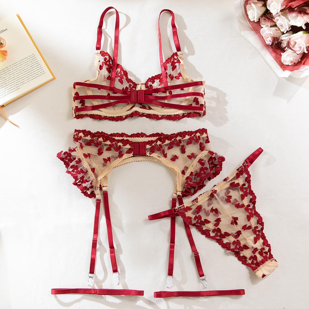 Erotic See-through Lace Hole Embroidery 5-Piece Lingeries Set Sexy Hot Garter Belt Underwear Light Control Breathable Thin