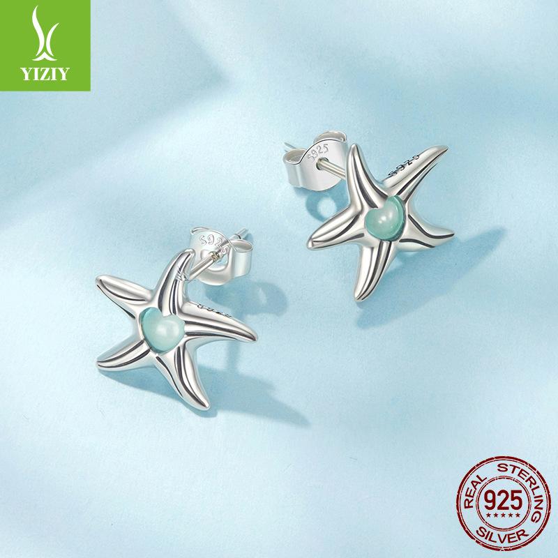 Серьги-пусеты 'Морская звезда' с инкрустацией симфоническим камнем, серебро S925, трансграничная модная бижутерия для ушей