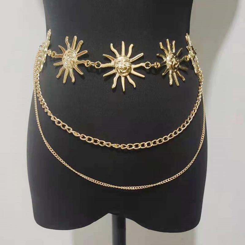 Waist Chain for Women Smiling Face Metal Sun Flower Belt Body Chain Adjustable Dress Waist Decoration