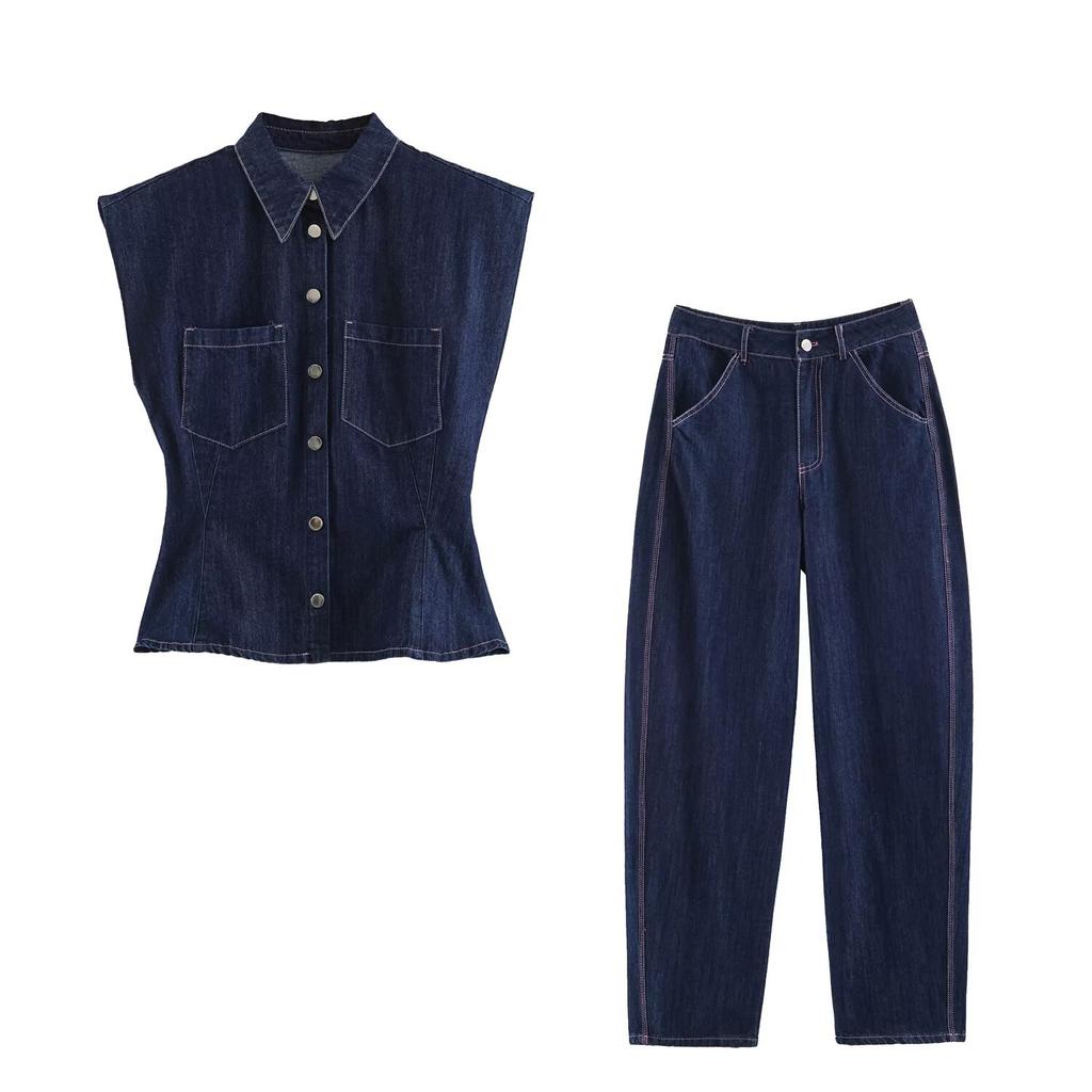 European and American style, wholesale women's clothing lapel sleeveless A-word hem waist denim shirt + bucket trousers