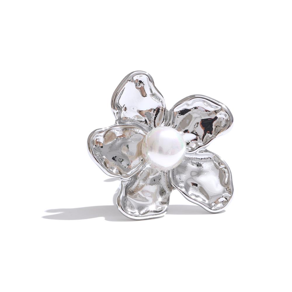 Yhpup Stainless Steel Flower Open Adjustable Ring Elegant Chic Finger Jewelry Imitation Pearls Women Trendy Accessories Ring