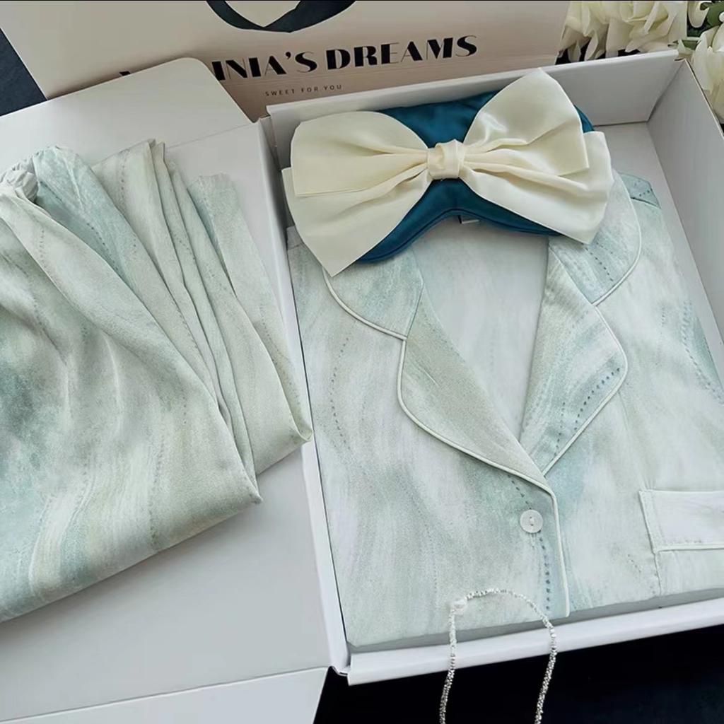 Осенне-зимняя женская домашняя одежда из шелка с отворотами и пуговицами, кардиган из 2 предметов, комплект одежды для женщин, пижама с принтом для женщин