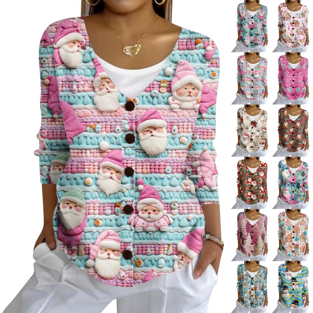 Women's Fashion Casual Knit Sweater Button-Up Christmas Print Cardigan Jacket