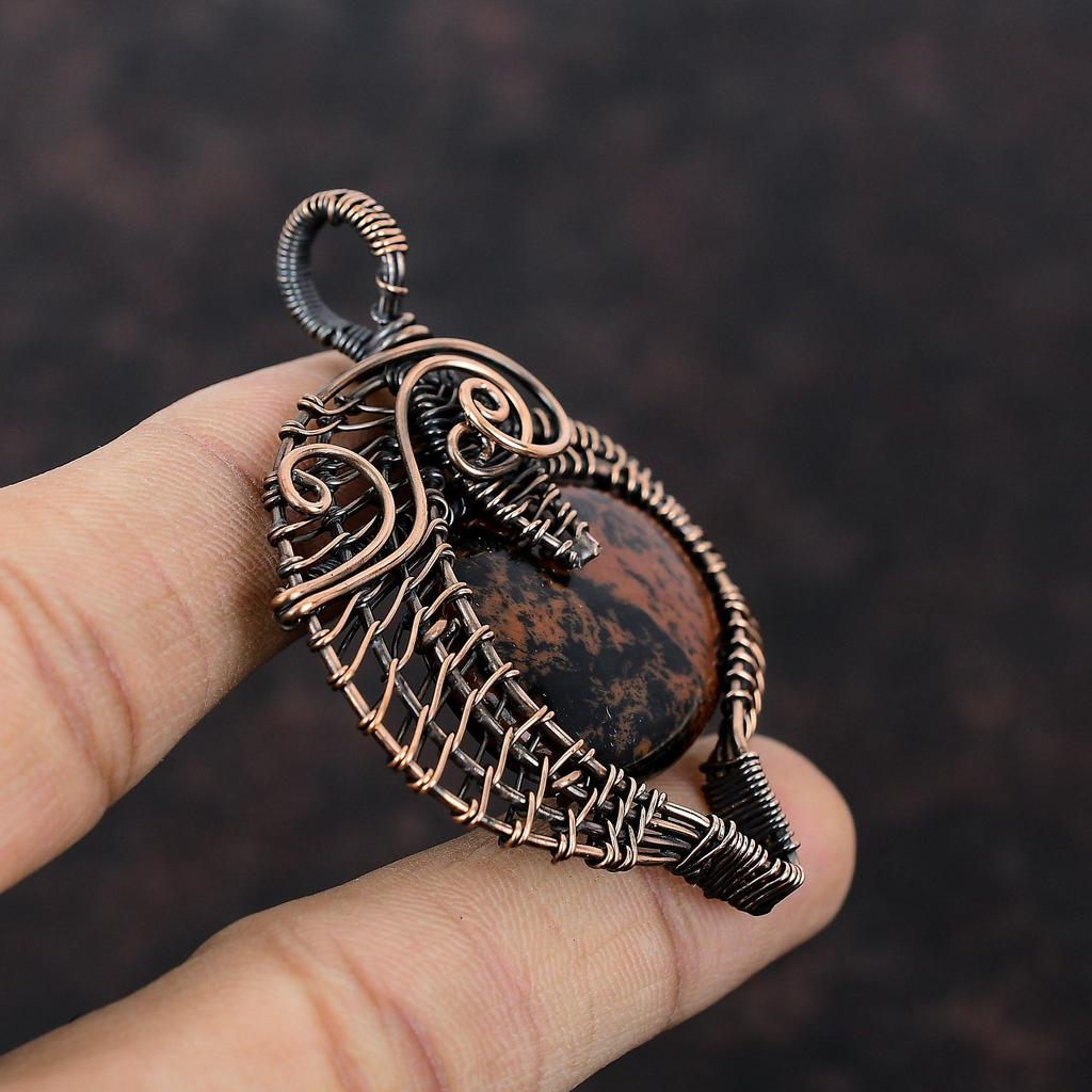 Кулон из красного дерева обсидиана, обернутый медной проволокой, украшения из драгоценных камней, очень красивый медный кулон, кулон ручной работы, обернутый проволокой, уникальный кулон для подарка