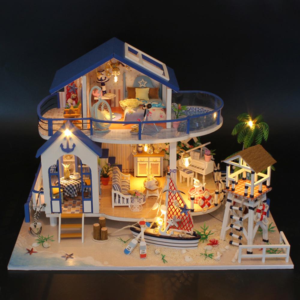 Dollhouse Miniature DIY Mini House Kit with Led Lights and Furniture for Gift Set