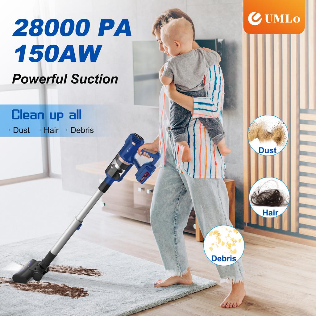 UMLo V11 Blue Cordless Stick Vacuum Cleaner – 2-in-1 Handheld & Floor Cleaning with HEPA Filtration, 300W Motor, 4000mAh Battery, LED Display