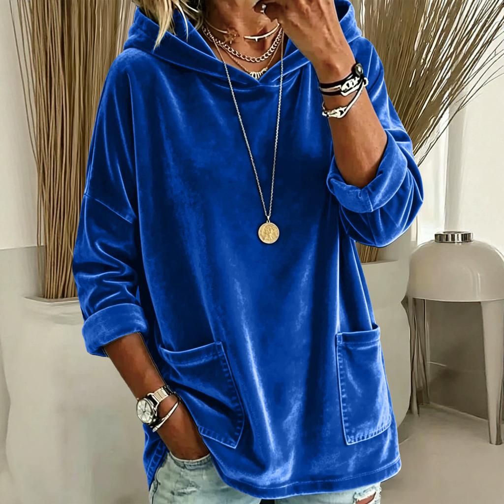 Women'S Solid Color Velvet Hoodie Oversize Long Sleeve Sweatshirt With Pockets Casual Loungewear Cozy Pullover Top