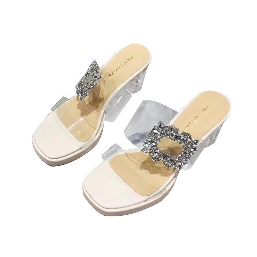 Модные прозрачные туфли на высоком каблуке со стразами и пряжкой, женские туфли на толстой подошве с двумя ремешками, женские босоножки на каблуке из плексигласа с кристаллами