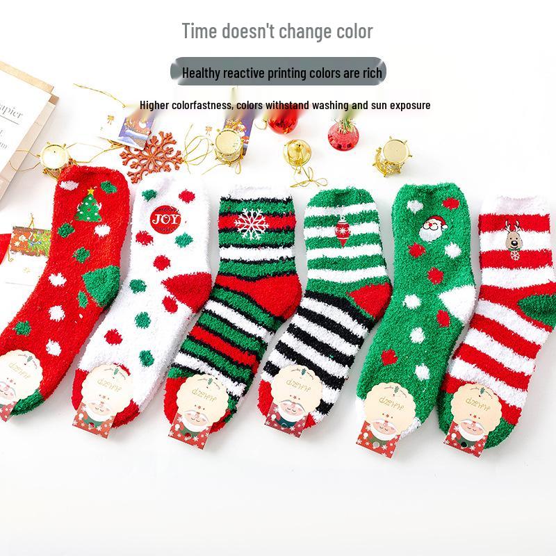 Уютные рождественские носки из кораллового флиса - Полосатые и в горошек, Японский/Корейский стиль, На велюровой подкладке, Утепленные для зимней домашней носки