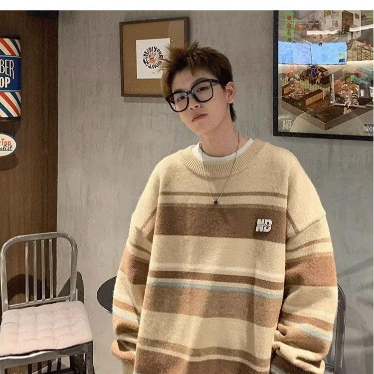 Мужской свободный полосатый свитер с круглым вырезом, осенний вязаный пуловер большого размера, зимний теплый трикотаж