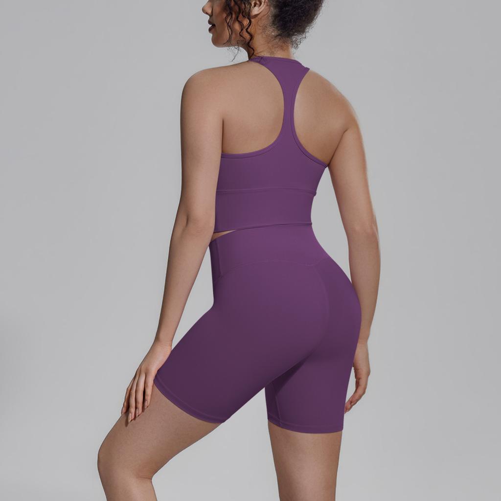 Solid color double-sided brocade back tight breathable yoga suit training sports running fitness two-piece set women