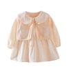 2pcs/set Spring Autumn Toddler Baby Girls Floral Dress Puff Sleeve Flower Dresses Peter Pan Collar Pleated Dress with Sleeveless Cardigan