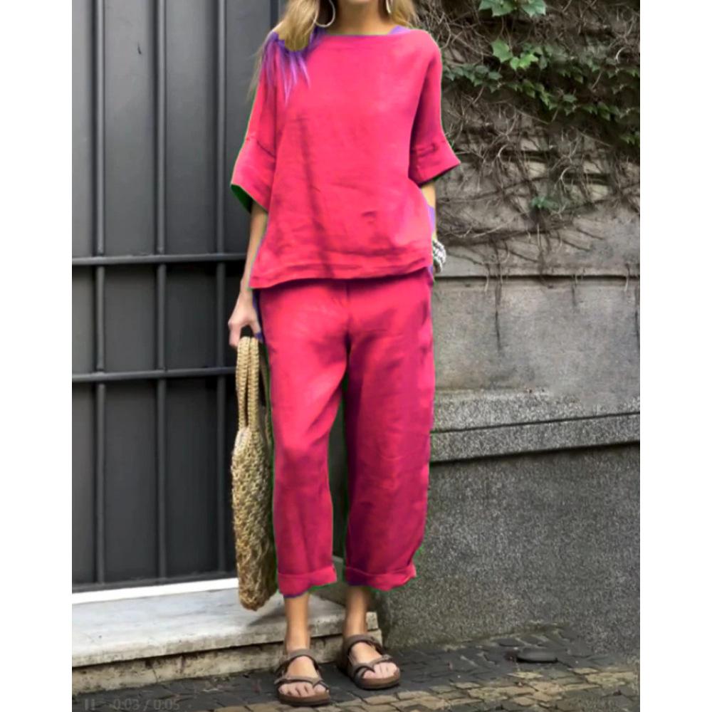 Женский комплект из хлопка и льна, весенне-летний однотонный повседневный топ с круглым вырезом и брюками со средними рукавами, комплект из 2 предметов