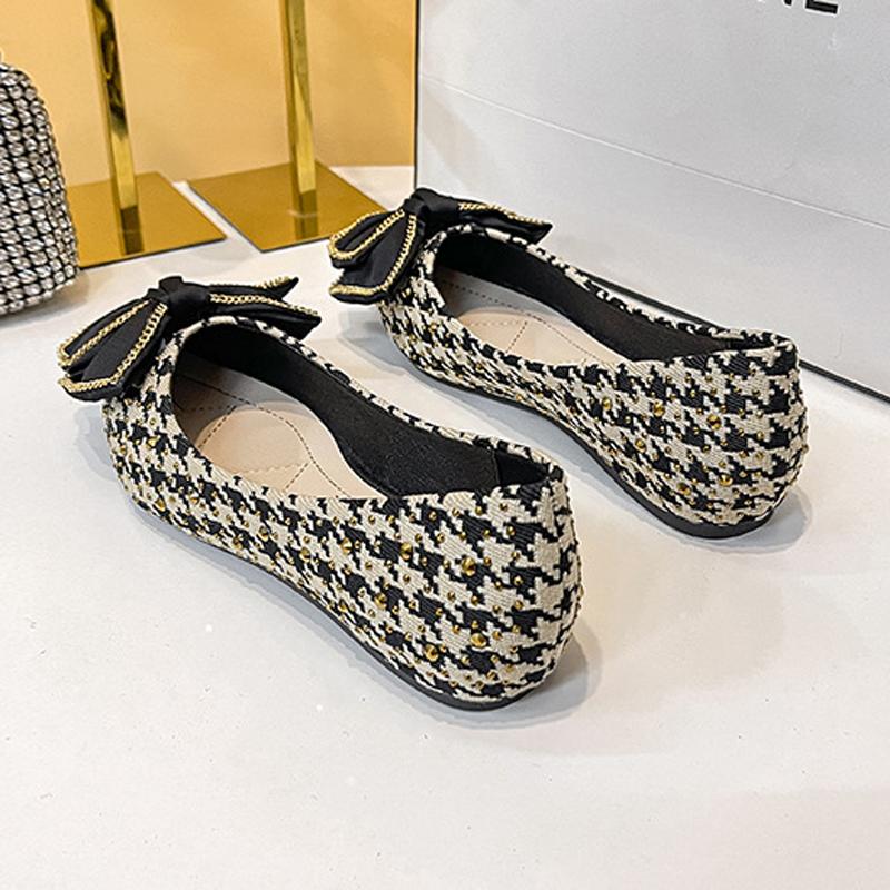 Fashion Elegant Bowknot Flats Women Houndstooth Ballets Shoes Shallow Pointed Toe Rivets Loafers Female Office Dress Slip On Ballerinas