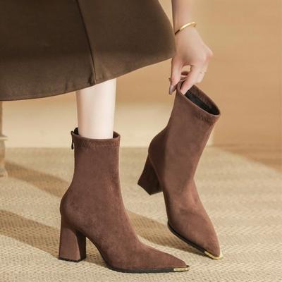 Женские новые осенние массивные одинарные ботинки с острым носком, замшевой вставкой, противоскользящие, износостойкие ботильоны, на высоком каблуке, короткие ботинки