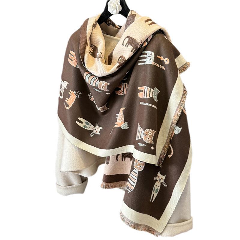 Winter Cashmere Scarf Women Luxury Cat Print Female Shawl Wrap Scarves Lady Thick Warm Blanket Gift Echarpe Pashmina