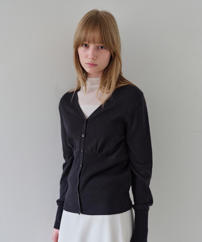 AHWE Silky V-Neck Shirred Cardigan_Dark Navy