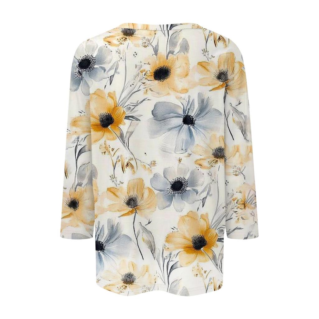 Женская мода повседневная 3/4 рукава цветочный принт пуловер круглый вырез топ повседневная одежда