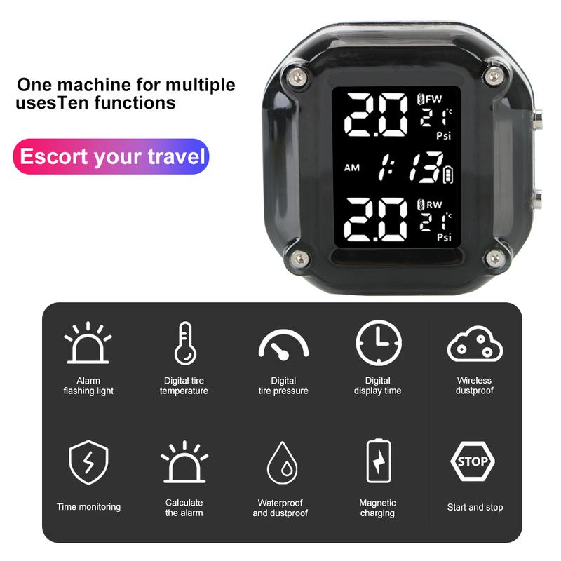 Мотоциклетный ЖК-дисплей TPMS с 2 внешними датчиками Система сигнализации контроля давления в шинах мотоцикла Температура шин