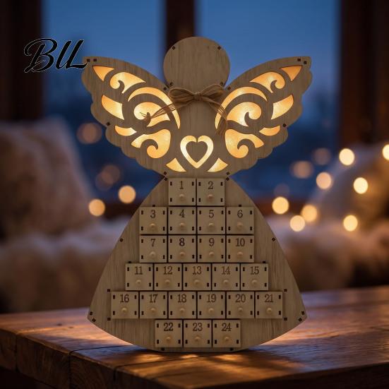 Holiday Countdown Calendar Wooden Angel Christmas Advent with 24 Storage Drawers, Gift for Kids to Tabletop Decoration Winter Party Favors Organizer