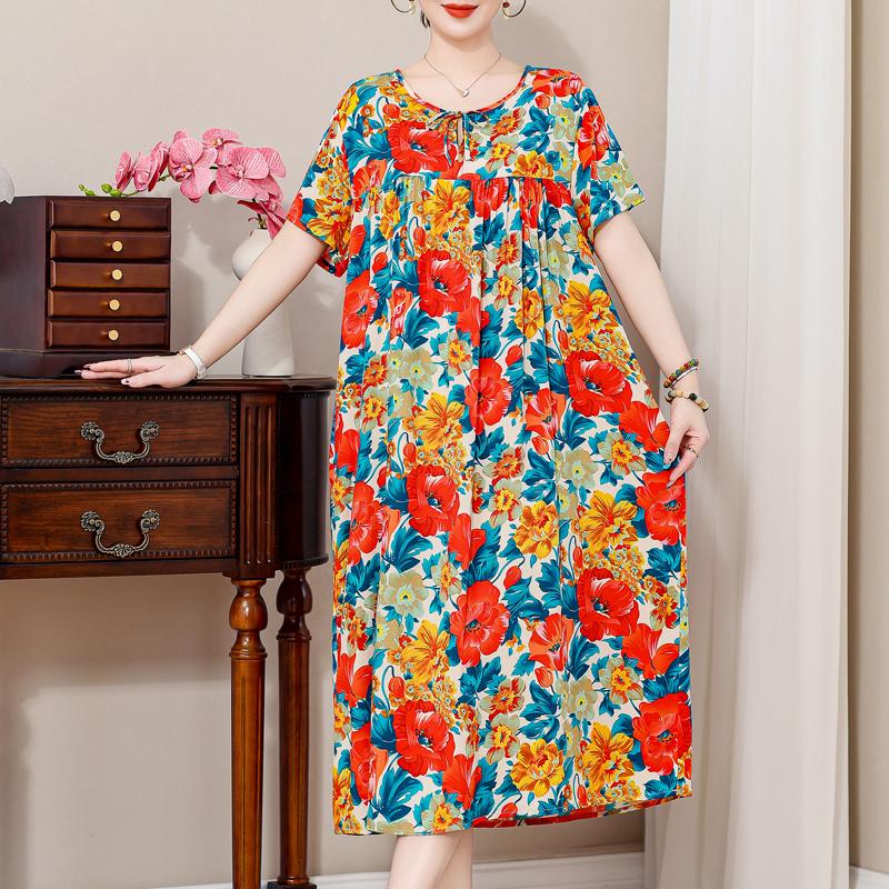 Plus Size Elegant Loose Dresses for Women Oversize Short Sleeve Vintage Print Long Dress Casual Middle-aged Women's Clothing