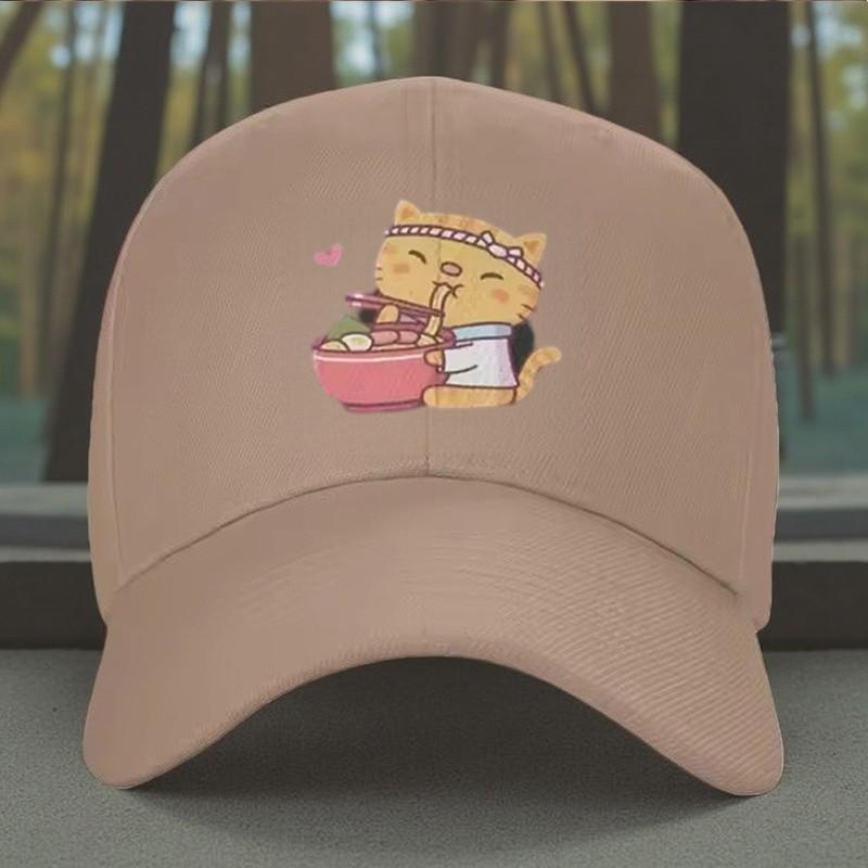 Cute Cat Eating Noodles Trucker Hat Adjustable Snapback Cap Casual Outdoor Anime Style