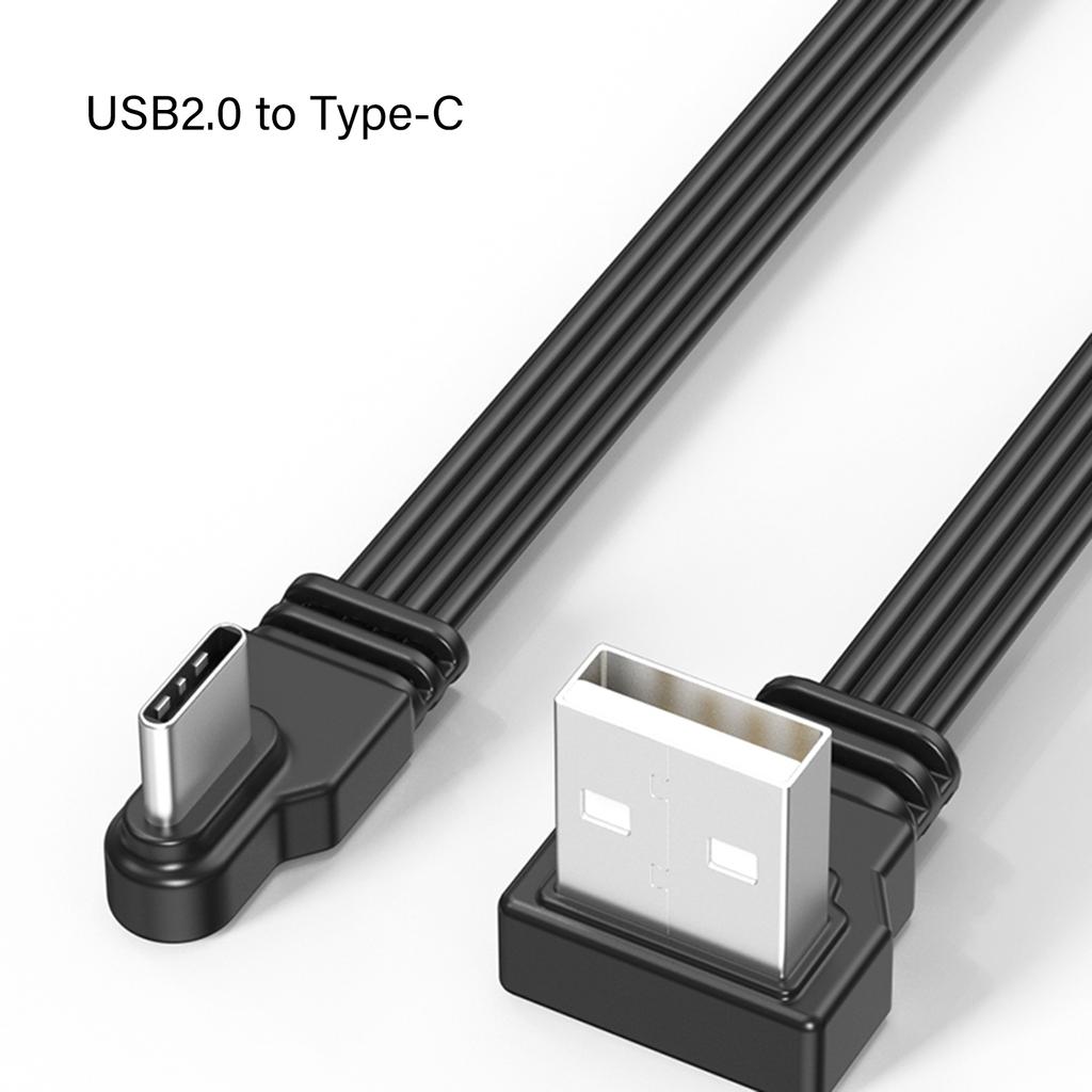 Кабель передачи данных USB 2.0 - Type C, 2 А, быстрая зарядка, скорость передачи данных 480 Мбит/с, плоский провод, колено 90 градусов для планшетов и телефонов