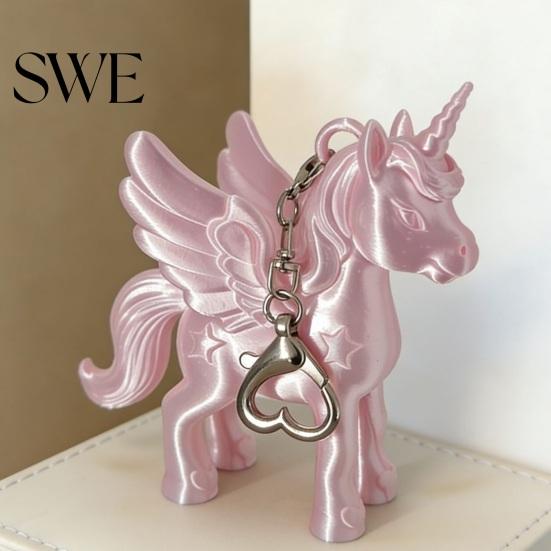 Bag Charm Keychain Pendant Heart-Shaped Metal Lobster Clasp Smooth Open Close 3D Printed Pink Pearlescent Unicorn