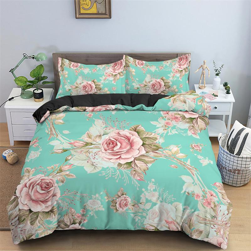 3D Design Flower Duvet Cover Sets Queen Size Floral Print Set Sleeping Decor Black Quilt/Comfort Cover With Pillows