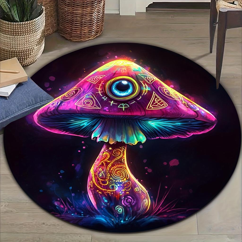 Flannel Printed Round Rug With Psychedelic Mushroom Design For Home Decor Soft Floor Mat Artistic Trippy Theme Boho Style